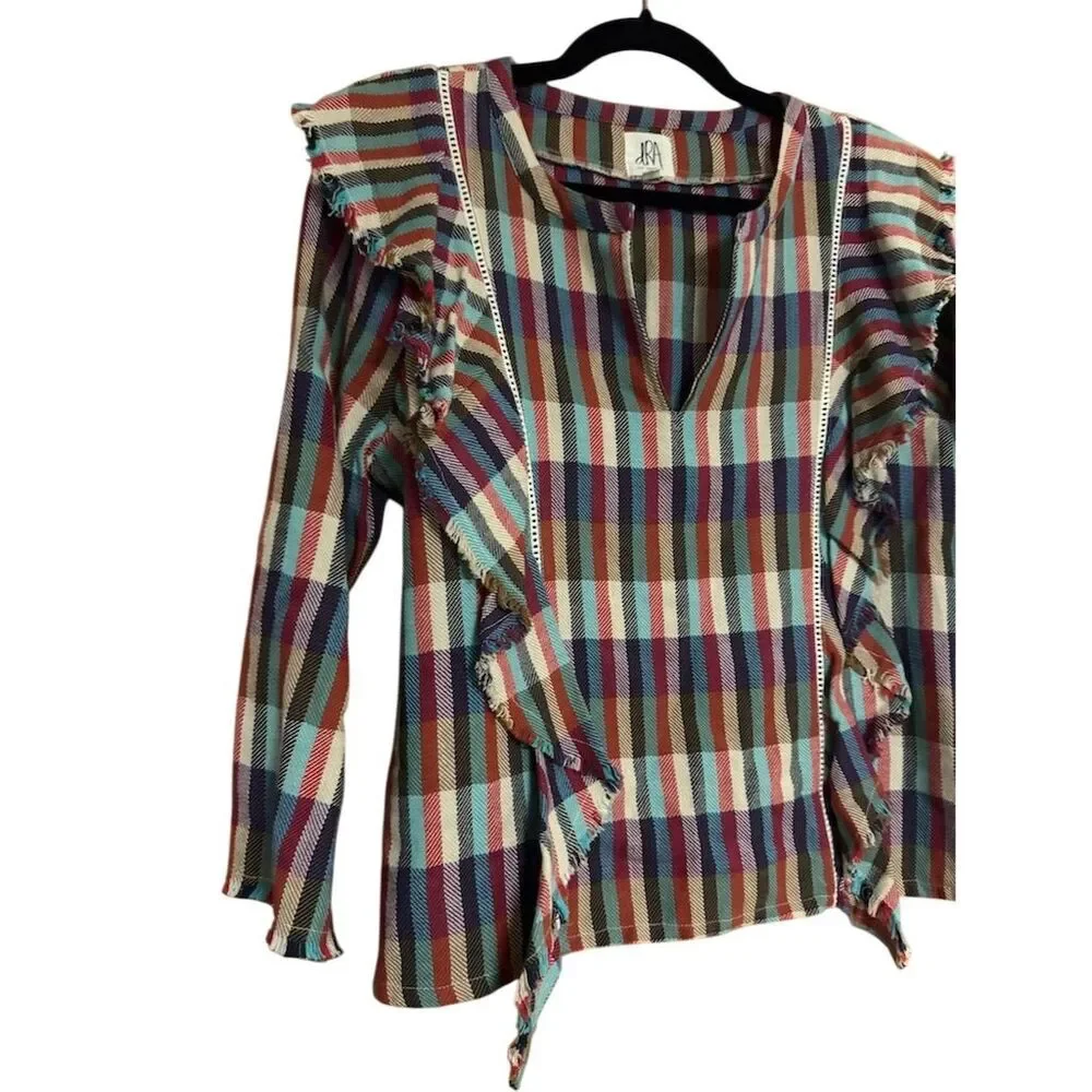 Anthropologie Women's Plaid Fringe Ruffle Tunic Blouse Size L Multicolor - Picture 2 of 8